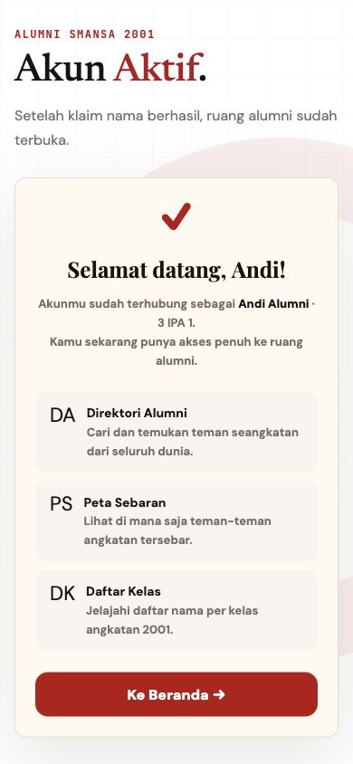 Screenshot mobile akses ruang alumni setelah akun aktif