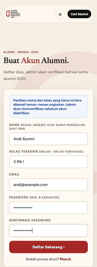 Screenshot mobile form daftar akun SMANSA 2001