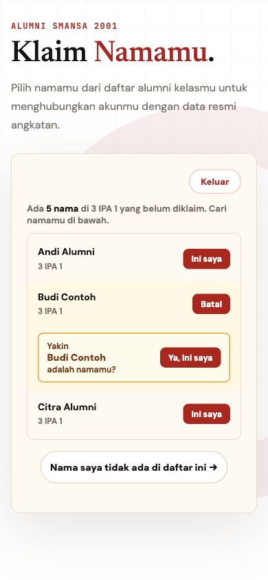 Screenshot mobile halaman klaim nama alumni