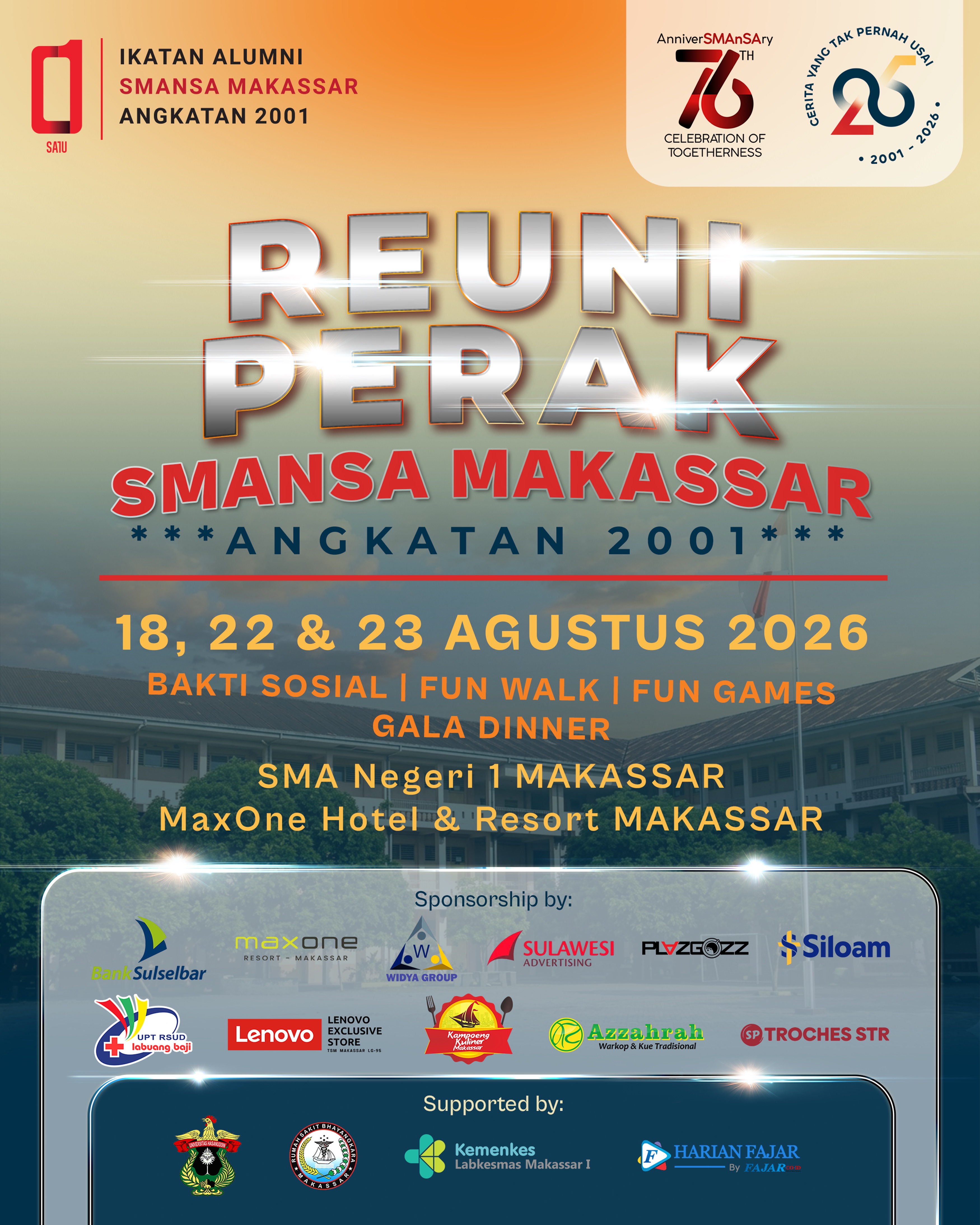 Poster Reuni Perak SMANSA Makassar Angkatan 2001 — 18, 22 & 23 Agustus 2026